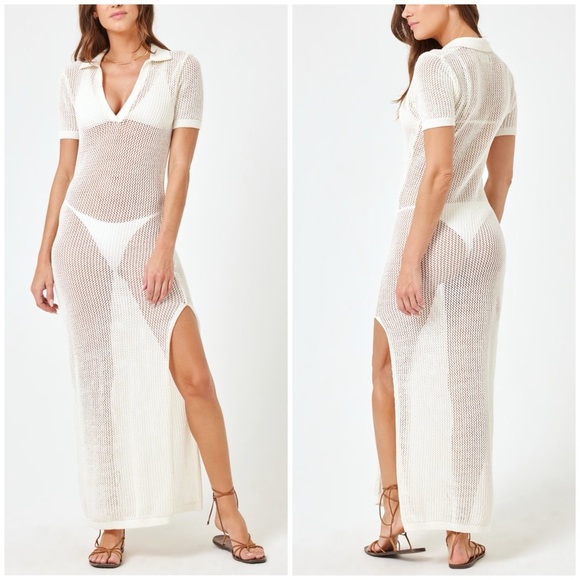 New L Space Sydney Cover Up Crochet Knit Maxi Polo Dress Swim White Sz XS - Picture 1 of 14